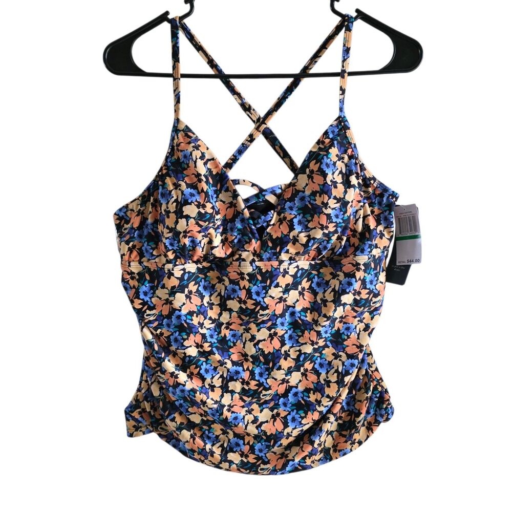 Aqua Couture Floral Tankini Swim Top Womens L Criss Cross Back NWT Ruched Beach